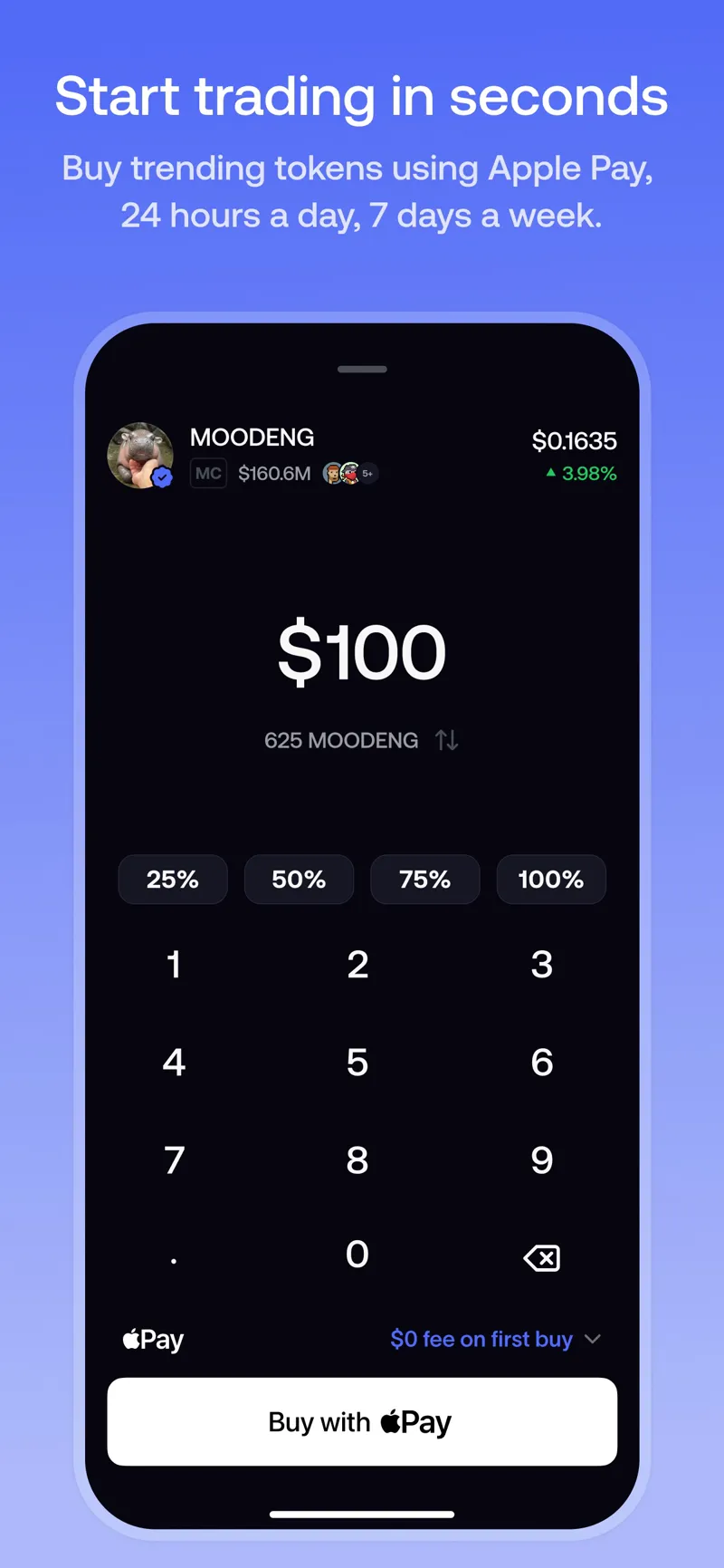 FOMO App Store image: a buy screen with a Buy with Apple Pay button and the line "$0 fee on first buy"