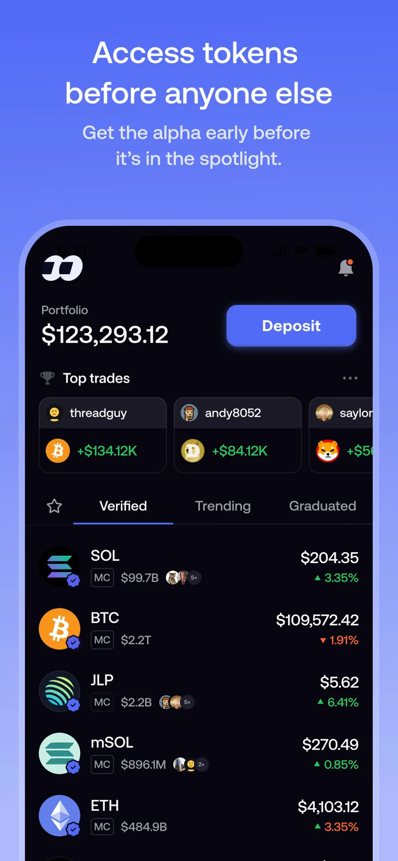 FOMO app home screen showing a portfolio balance and a Deposit button