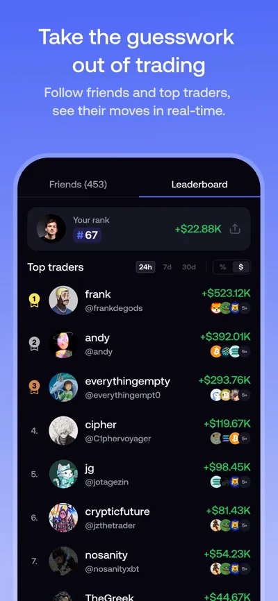 FOMO App Store image of the leaderboard with top traders and their profits