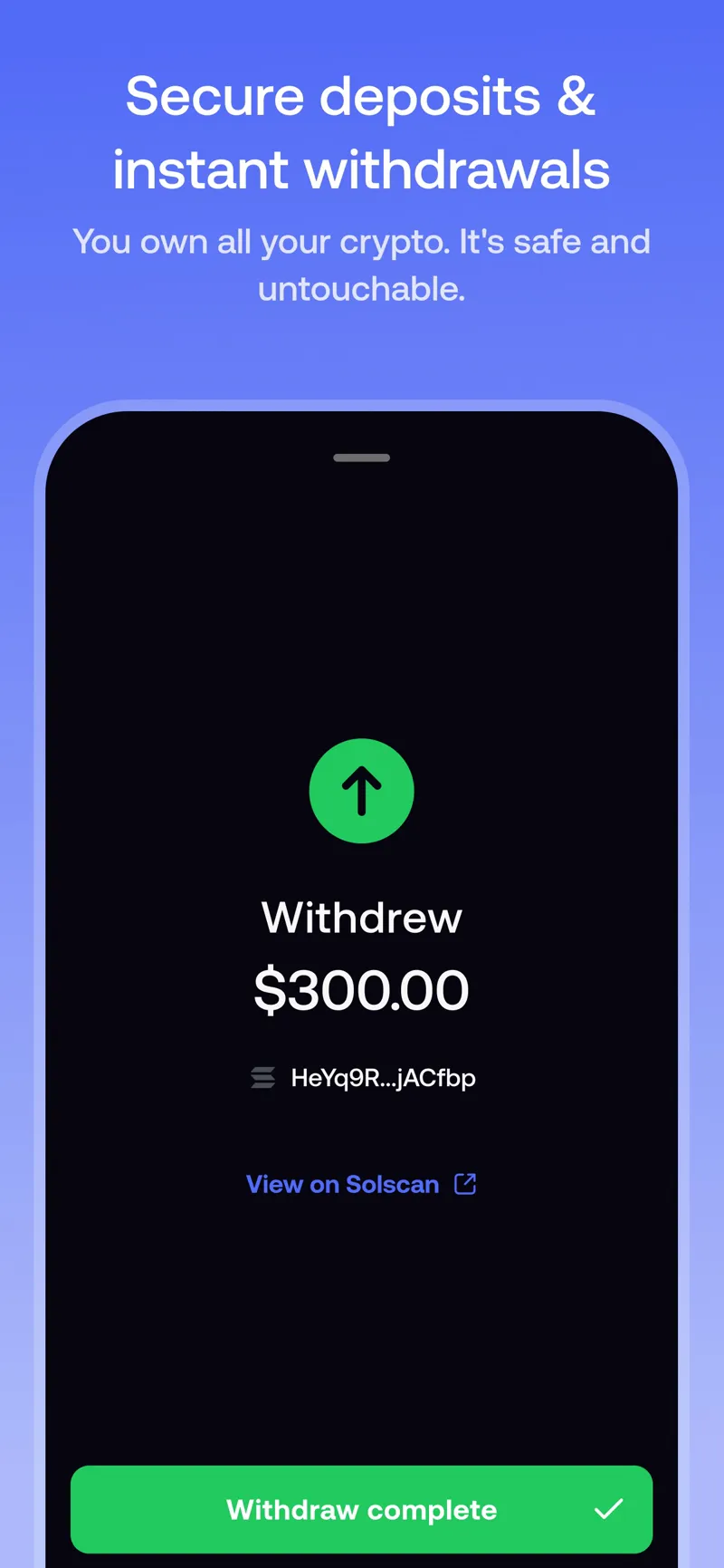 FOMO app screen reading "Withdrew $300.00" with a green "Withdraw complete" confirmation