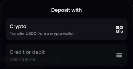 FOMO web app Deposit screen, showing Crypto: transfer USDC from a crypto wallet, and Credit or debit: coming soon