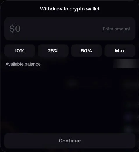FOMO web app Withdraw to crypto wallet screen, with 10%, 25%, 50% and Max preset buttons above a blurred balance